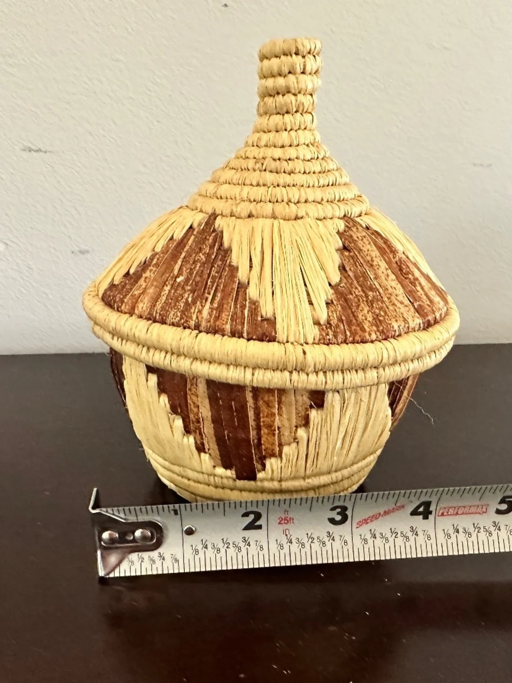 Vintage Coiled Lidded Handwoven Raffia Basket African Tribal 6” Decorative